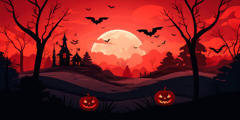 Halloween background, red sky, pumpkins and bats, spooky, wide