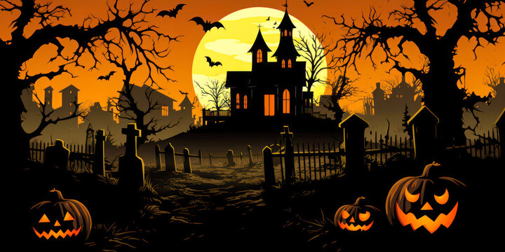 Spooky dark haunted house and cemetery in forest with pumpkin jack o' lanterns, night, full moon, Halloween background illustration, graphic design