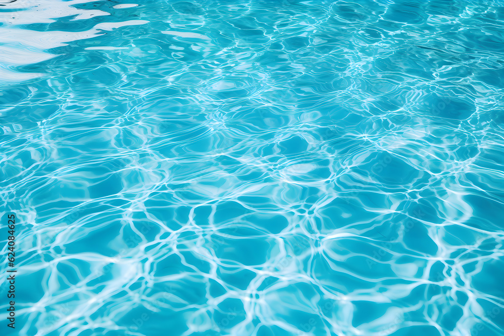 Poster high detailed close-up of blue water in the pool. side view. copy space.bokeh light ripple backgroun