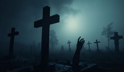 horror fear hand night cemetery halloween creepy monster zombie moon. Generative AI.