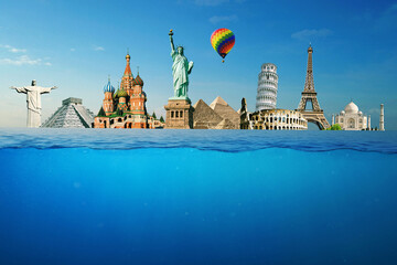 Summer holidays and travel, creative idea. Landmarks Statue of Liberty, Elf Tower, Moscow, Rome...