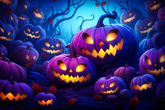 Glowing purple and blue pumpkins design, Halloween