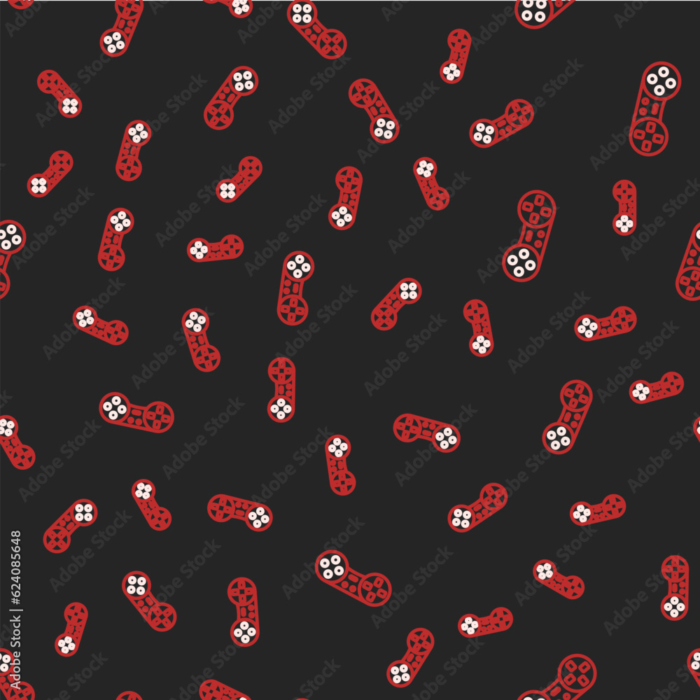 Poster Line Game controller or joystick for game console icon isolated seamless pattern on black background. Vector