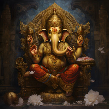 The ganeshas are pictured in their sitting pose, with gold plated hands & arms. beautiful Generative AI 

