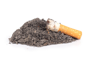 glass ashtray ash cigarette isolated on white background