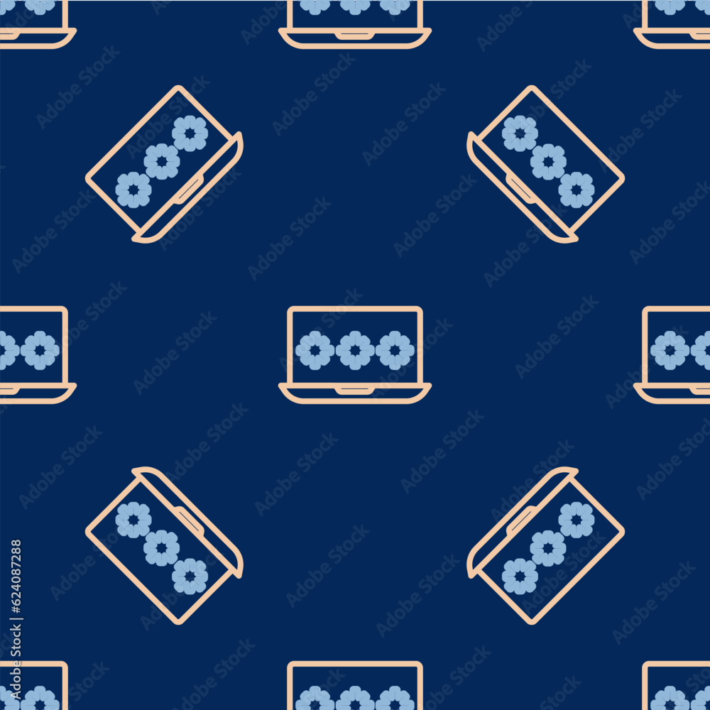 Poster line laptop with password notification icon isolated seamless pattern on blue background. security, 