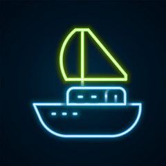 Glowing neon line Yacht sailboat or sailing ship icon isolated on black background. Sail boat marine cruise travel. Colorful outline concept. Vector