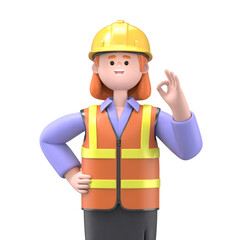 3D illustration of Female engineer Pam raises her with sign ok. Presentation concept.Engineer presentation clip art isolated on white background.
