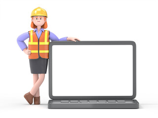 3D illustration of Female engineer Pam  supported by laptop.Engineer presentation clip art isolated on white background.
