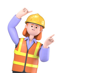 3D illustration of Female engineer Pam gesture point finger at copy space portrait.Engineer presentation clip art isolated on white background.

