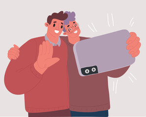 Vector illustration of loving men take selfie. Equal rights for all. Two men in love. LGBT and LGBTQ concept. Gay couple , relationship