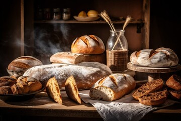 Composition with bread and bakery products on dark background. Bakery concept. Generative AI technology.
