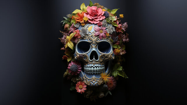 Totenkopf mit bunten Blumen f&uuml;r die spanische Religion Dia de los Muertos, ai generativ