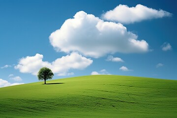 Lonely tree in the middle of a green field with blue sky minimalist artwork