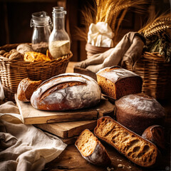 Composition with bread and bakery products on dark background. Bakery concept. Generative AI technology.