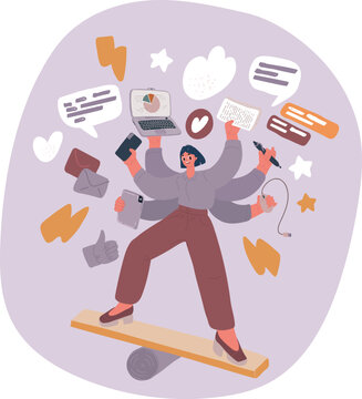 Vector illustration of business concept of businesswoman practicing meditation. Girl with many arms and doing many tasks at the same time. Multitasking. Time management.