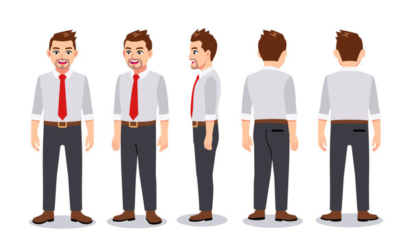 Working man character turn around with standing poses