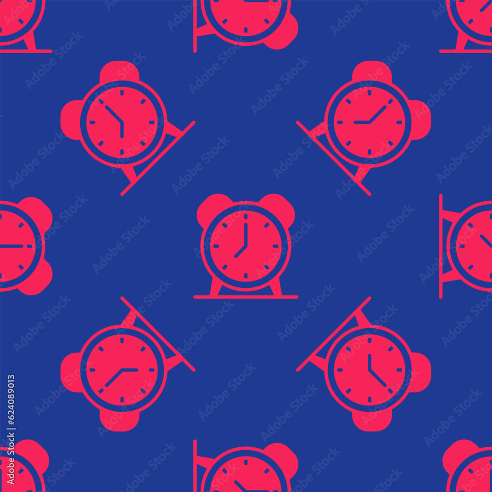 Poster red alarm clock icon isolated seamless pattern on blue background. wake up, get up concept. time sig
