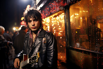 portrait of a male , man person in the city at night wearing a leather motorcycle jacket , holding a guitar outside a rock club , rock and roll attitude , rock star , looking back at camera