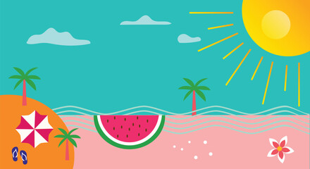 Fototapeta na wymiar Vector Flat Background For Summertime, Colorful Summer Wallpaper