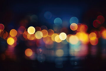 Dreamy Night Glow Colorful Defocused Bokeh Lights in Blur Background. created with Generative AI