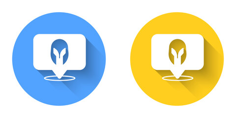 White Medieval iron helmet for head protection icon isolated with long shadow background. Knight helmet. Circle button. Vector