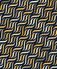 Seamless repeating pattern with rippled geometric elements in yellow and white on a black background. Retro wavy design. Weave effect. Graphic textile texture. Vector illustration.