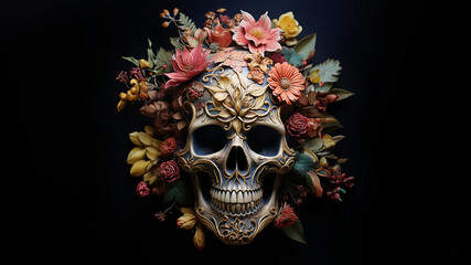 Totenkopf Maske mit bunten Blumen f&uuml;r die spanische Religion Dia de los Muertos, ai generativ