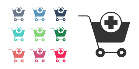 Black Add to Shopping cart icon isolated on white background. Online buying concept. Delivery service sign. Supermarket basket symbol. Set icons colorful. Vector