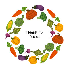 Round frame made of green vegetables, salad leaves and spice herbs on white background. Creative backdrop with circular border consisted of vegan organic food. Colorful flat illustration isolated