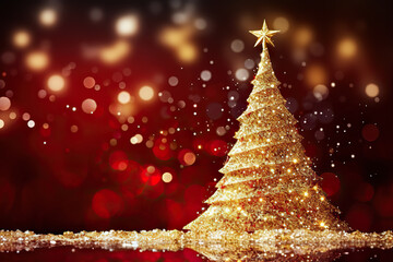 Golden Glow Shining Christmas Tree with Sparkling Glitter in a Red Photorealistic Background. created with Generative AI
