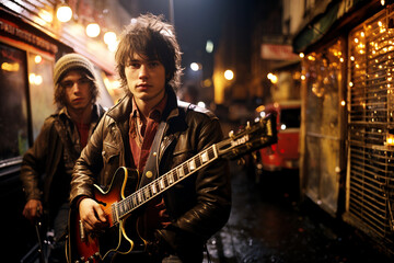portrait of a two young males in the city at night wearing a leather motorcycle jacket , holding a guitar outside a rock club , rock and roll attitude , rock star , looking back at camera, band  - obrazy, fototapety, plakaty