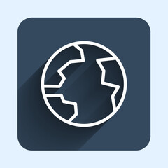 White line Worldwide icon isolated with long shadow background. Pin on globe. Blue square button. Vector