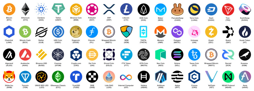 Set of top cryptocurrency tokens logos, crypto currency blockchain assets logo isolated. Crypto-Currency coins: Bitcoin, Ethereum, Dogecoin, Tether, Cardano, Ripple, Uniswap, Tether cryptocurrencies