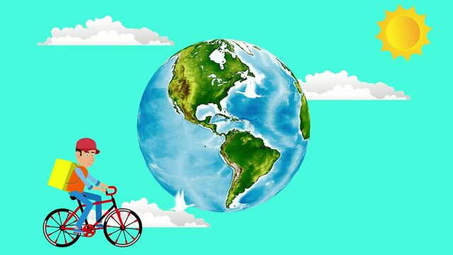 Cyclist ride on earth globe, funny travel concept animation