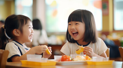 Two Asian elementary school students joyfully sharing a meal together, their faces beaming with happiness and laughter