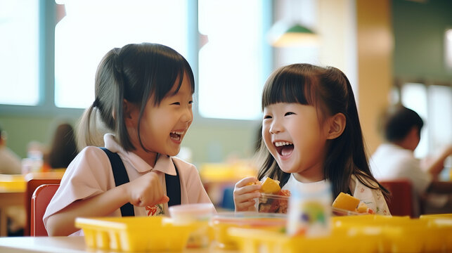 Two Asian elementary school students joyfully sharing a meal together, their faces beaming with happiness and laughter