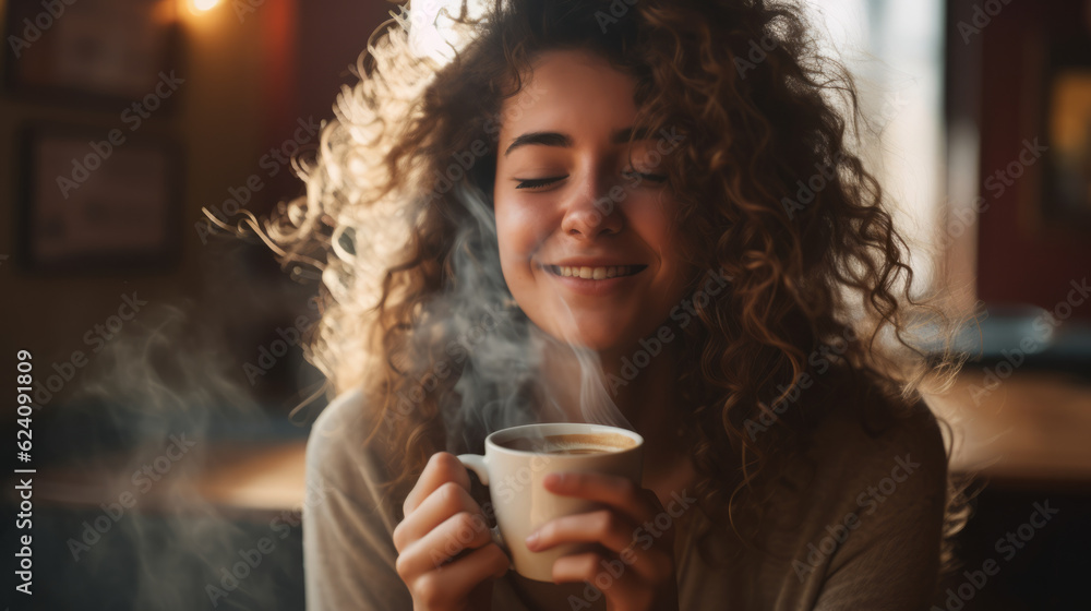 Wall mural Happy smiling woman with messy curly hair drinking a smoking cup of coffee in the morning light