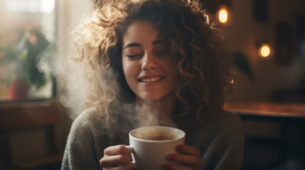 Happy smiling woman with messy curly hair drinking a smoking cup of coffee in the morning light