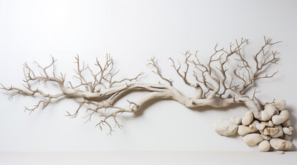 Dry tree twigs and white sand beach. Minimal background for summer concept. Generative AI