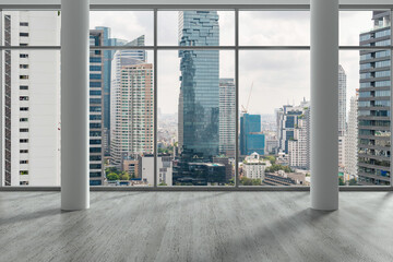 Empty room Interior Skyscrapers View Bangkok. Downtown City Skyline Buildings from High Rise Window. Beautiful Expensive Real Estate overlooking. Day time. 3d rendering.