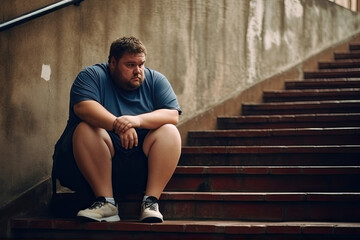 Sad obese man sitting on the stairs after exercise