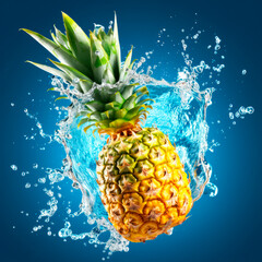 Falling pineapple fruit meets water in a splash, blue background. Lots of crystal drops. AI generative illustration.