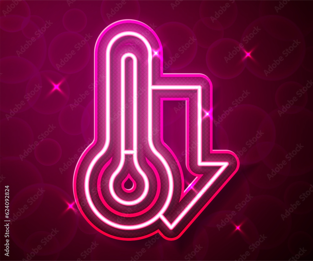 Poster glowing neon line meteorology thermometer measuring icon isolated on red background. thermometer equ