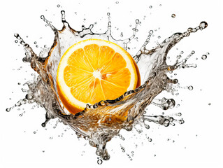Falling lemon fruit meets water in a splash, white background. Lots of crystal drops. AI generative illustration.