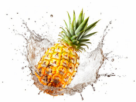 Falling Pineapple Fruit Meets Water In A Splash, White Background. Lots Of Crystal Drops. AI Generative Illustration.