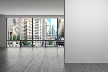 Naklejka na ściany i meble Downtown Chicago City Skyline Buildings Window background. Mockup empty copy space wall. Office room Interior Skyscrapers, River walk, bridge, waterfront view. Cityscape. Day. Ad concept. 3d rendering