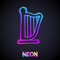 Glowing neon line Harp icon isolated on black background. Classical music instrument, orhestra string acoustic element. Vector