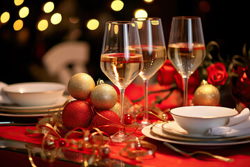 Elegant Christmas Eve Celebration Sparkling Champagne Flute on Festive Party Table. created with Generative AI