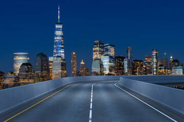 Fototapeta premium Empty urban asphalt road exterior with city buildings background. New modern highway concrete construction. Concept of way to success. Transportation logistic industry fast delivery. New York. USA.